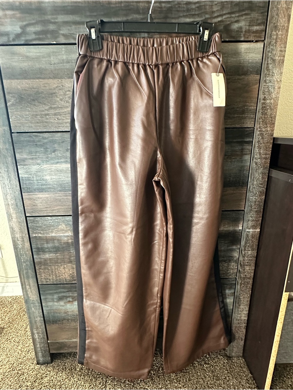 Maeve Brown Faux Leather Wide-Leg Pants with Black Side Stripe